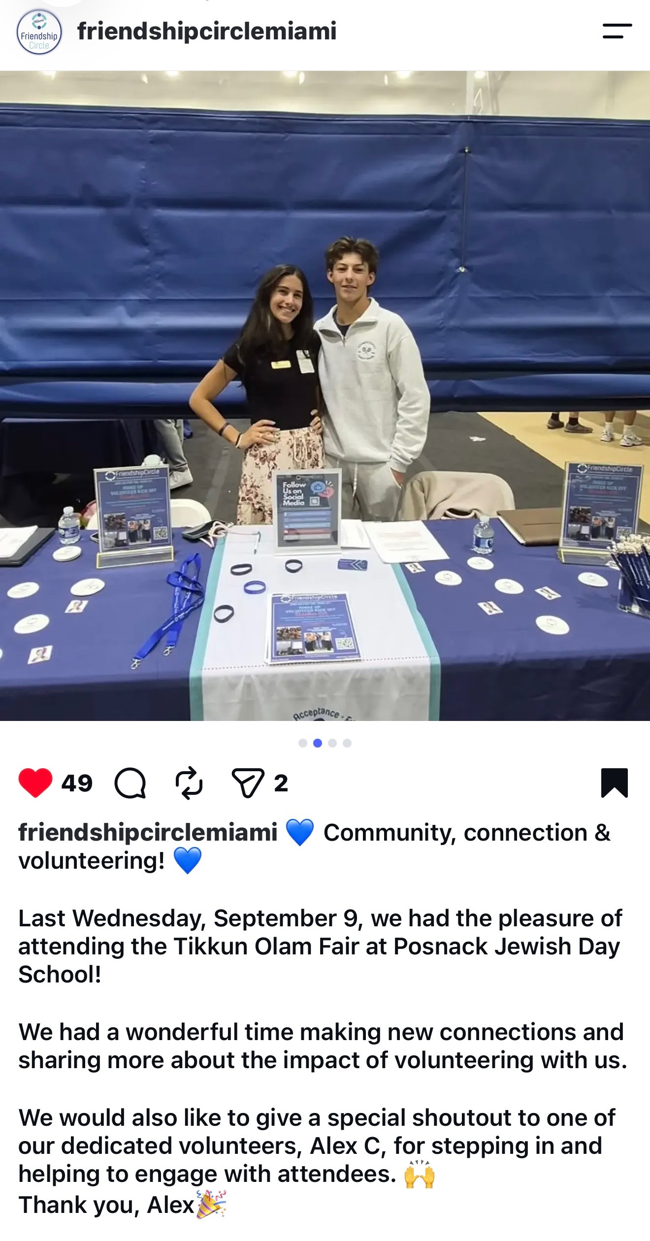 Instagram post from Friendship Circle Miami thanking Alex for volunteering at the Tikkun Olam Fair at Posnack Jewish Day School