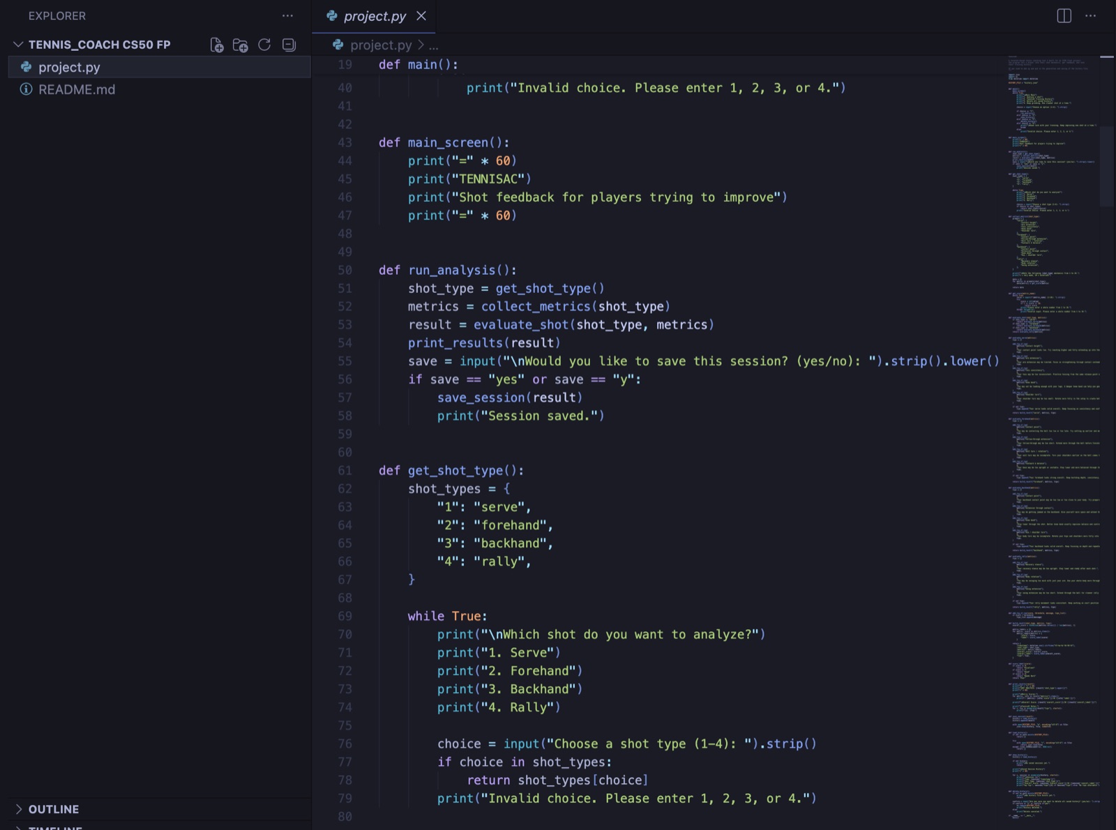Screenshot of project.py, the Python code for Alex's CS50 final project