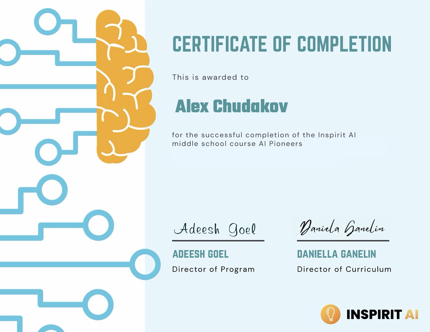 Inspirit AI Certificate of Completion awarded to Alex Chudakov for the AI Pioneers course