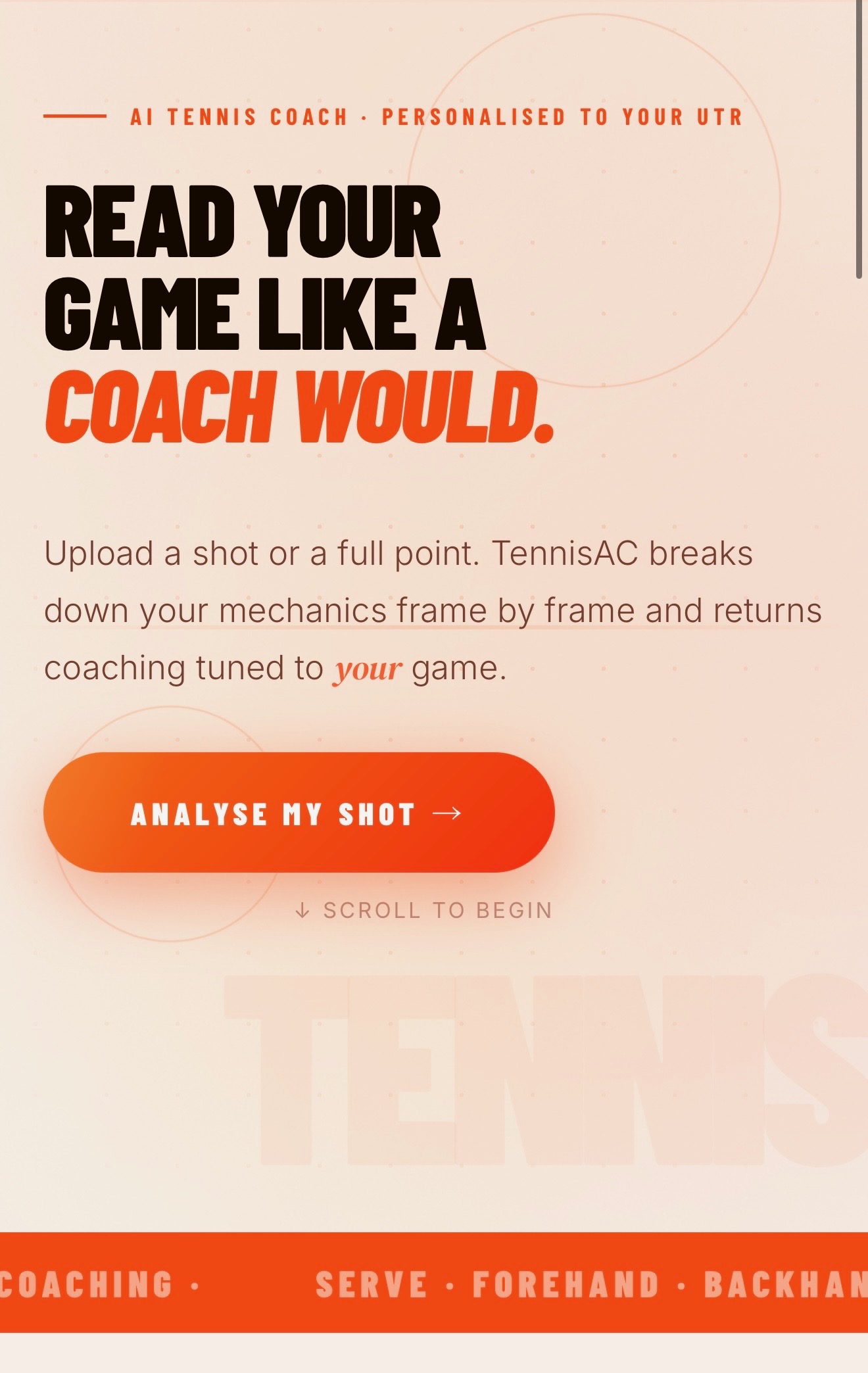TennisAC web app landing screen: Read your game like a coach would