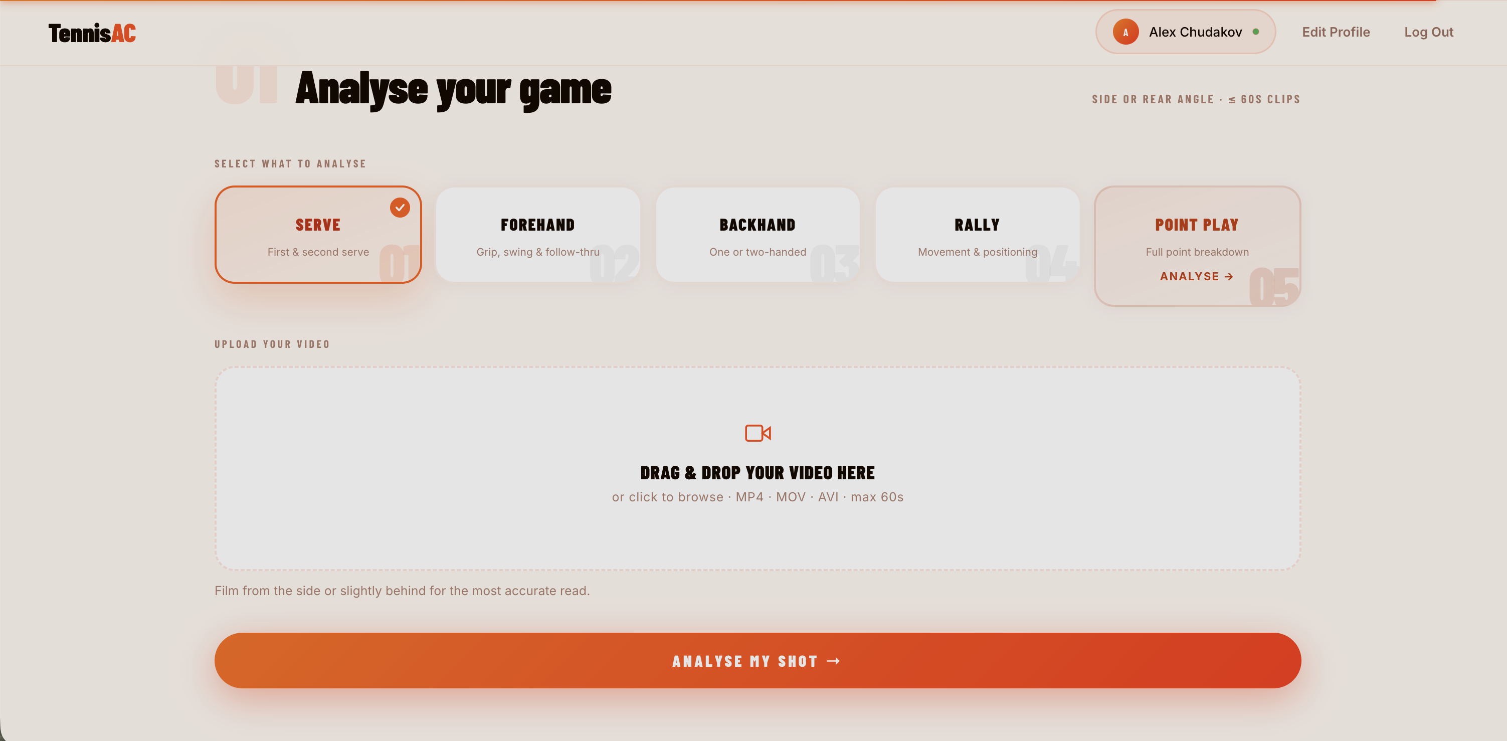 TennisAC web app upload screen for analyzing a shot